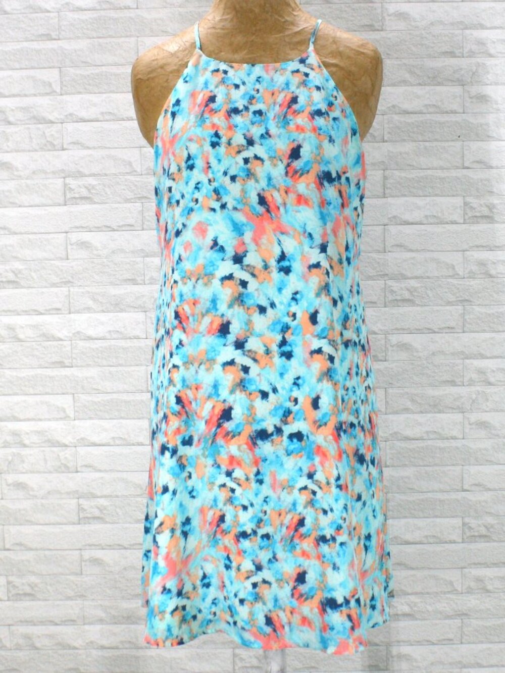 DECREE Dress Flowy Swing Sundress Watercolor Abstract Floral Aqua Coral Large